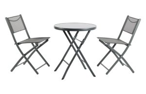 MESA ACERO Ø60 + 2 SILLAS GRIS