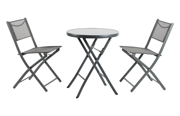 MESA ACERO Ø60 + 2 SILLAS GRIS